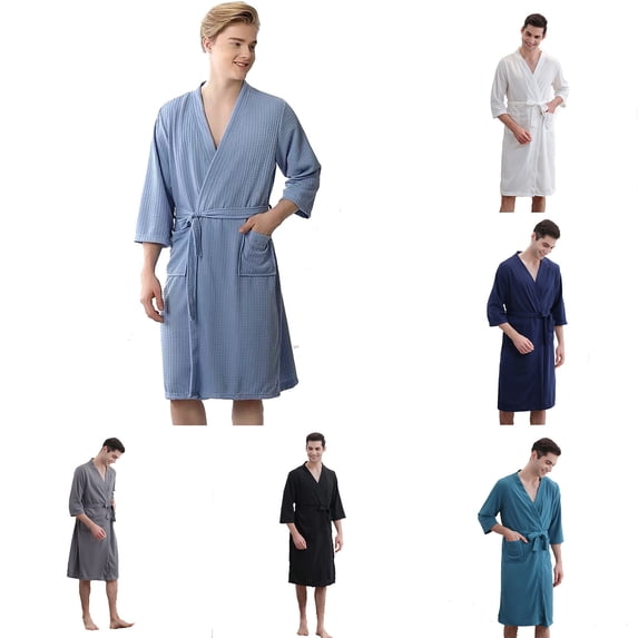 Mens Waffle Robes Lightweight Knit Kimono Bathrobe Long Sleeve Sleepwear Soft Knee Length Robe with Pockets Size 3XL White