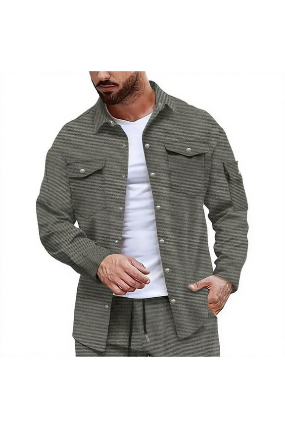 Mens Waffle Shirt Jacket Casual Button Down Jacket Long Sleeve Quilted Jackets Shacket Lightweight Overshirt with Multi Pockets