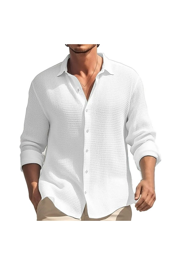 Mens Waffle Shirts Long Sleeve Regular Fit Button Down Shirt Casual Smart Summer Autumn Stretch Hawaiian Shirt Blouse Tops Plain Dress Shirts for Wedding Party Prom Business