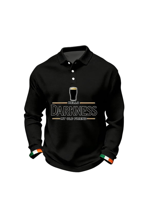 Mens Waffle Shirts St. Patrick's Day Beer Day Shamrock Shirts Long Sleeve Big and Tall Shirt Novelty Henley Neck Pullover Hello Darkness My Old Friend Graphic Tee, Black 4XL