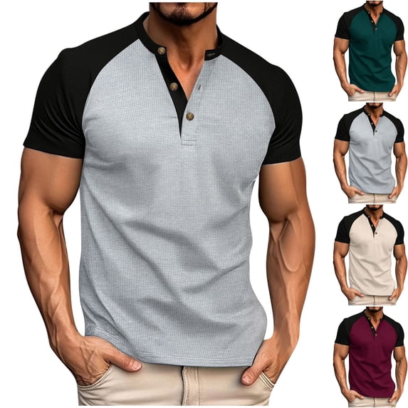 Mens Waffle Short Sleeve Henley Shirts Color Block Casual Band Collar Raglan T-Shirts Slim Fit 3 Button Pullover Summer Beach Vacation Tops Father's Day Gift