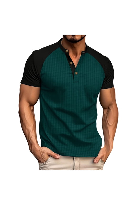 Mens Waffle Short Sleeve Henley Shirts Color Block Casual Band Collar Raglan T-Shirts Slim Fit 3 Button Pullover Summer Beach Vacation Tops Father's Day Gift