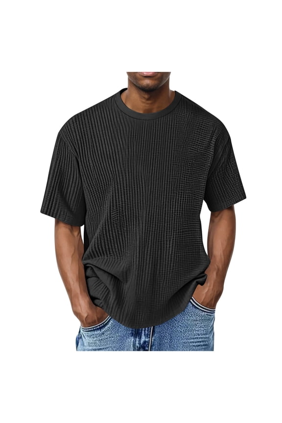 Mens Waffle Short Sleeve T-Shirts Casual Crew Neck Solid Color Knit Shirts Summer Textured Moisture-Wicking Tops for Vacation