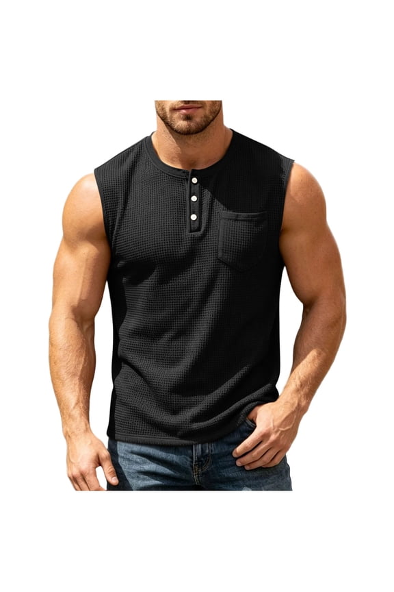 Mens Waffle Sleeveless Tank Top Crew Neck Pocket Hiking Athletic Casual Gym Muscle Tee Fathers Day Gift