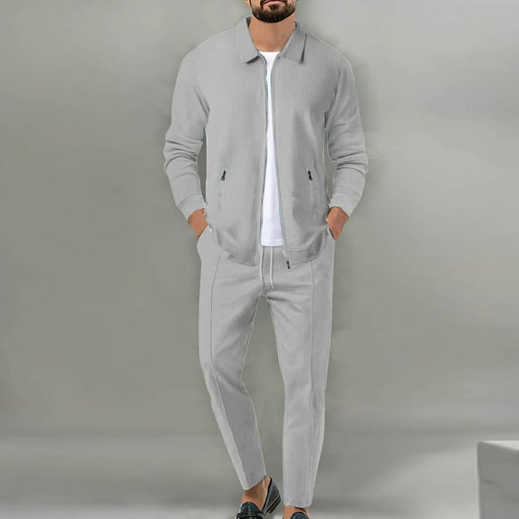 Mens Waffle Solid Color Tracksuit Set Casual Two Piece Outfit Athletic Zipper Sweatsuit and Pants Set Man Pocket Drawstring Pants Zipper Long Sleeve Turndown Collar Slim Cardigan Jacket Set