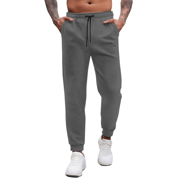 Mens Waffle Sweatpant Elastic Waist Solid Tapered Pant Stretch Athletic Workout Jogger