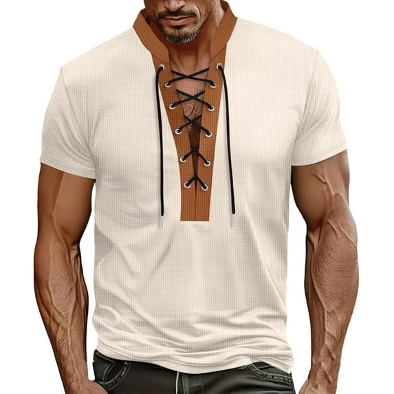 Mens Waffle T-Shirts Lace Up V Neck Short Sleeve Blouse Medieval Renaissance Pirate Color Block Pullover