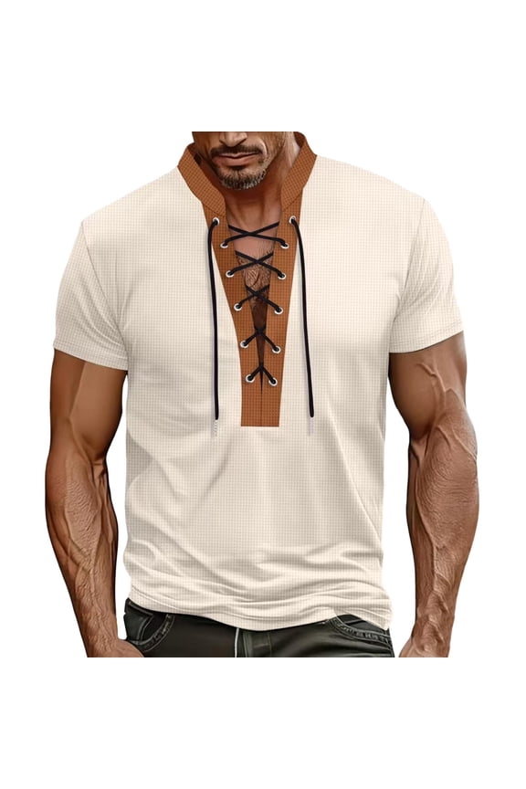 Mens Waffle T-Shirts Lace Up V Neck Short Sleeve Blouse Medieval Renaissance Pirate Color Block Pullover