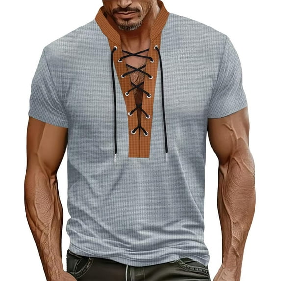 Mens Waffle T-Shirts Lace Up V Neck Short Sleeve Blouse Medieval Renaissance Pirate Color Block Pullover