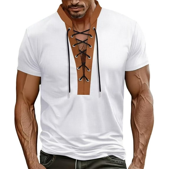 Mens Waffle T-Shirts Lace Up V Neck Short Sleeve Blouse Medieval Renaissance Pirate Color Block Pullover