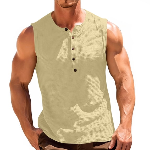 Mens Waffle Tank Tops, Sleeveless Shirts for Men Summer Big and Tall Fashion Solid Color Button Up Crewneck Tanks Henley Shirts