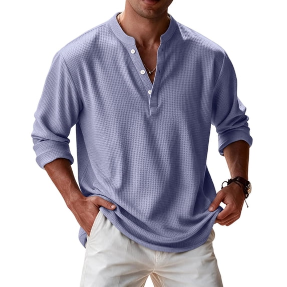 Mens Waffle Textured Button Down Henley Shirt Casual Solid Band Collar Shirts Purple XL