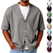 Mens Waffle Textured Cardigan Sweater Short Sleeve V-Neck Knitted Sweaters, 3XL