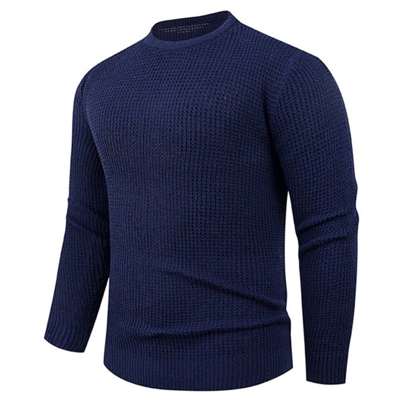 Mens Waffle Textured Sweater Casual Pullover Long Sleece Crew Neck Knitted Sweatshirts Basic Fall Winter Outfits (L, Navy)