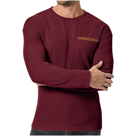 Mens Waffle Textured T-Shirts Plus Size Crewneck Long Sleeve Tees Casual Loose Fall Winter Pullover Tops With Pocket,Wine,M