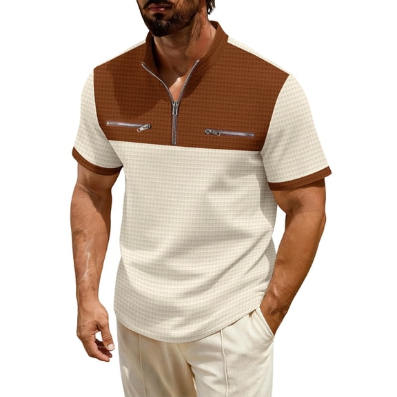 Mens Waffle Zip-Up Standing Collar Pullover Short Sleeve Shirt Summer Color Block Casual Outerwear Fathers Gift