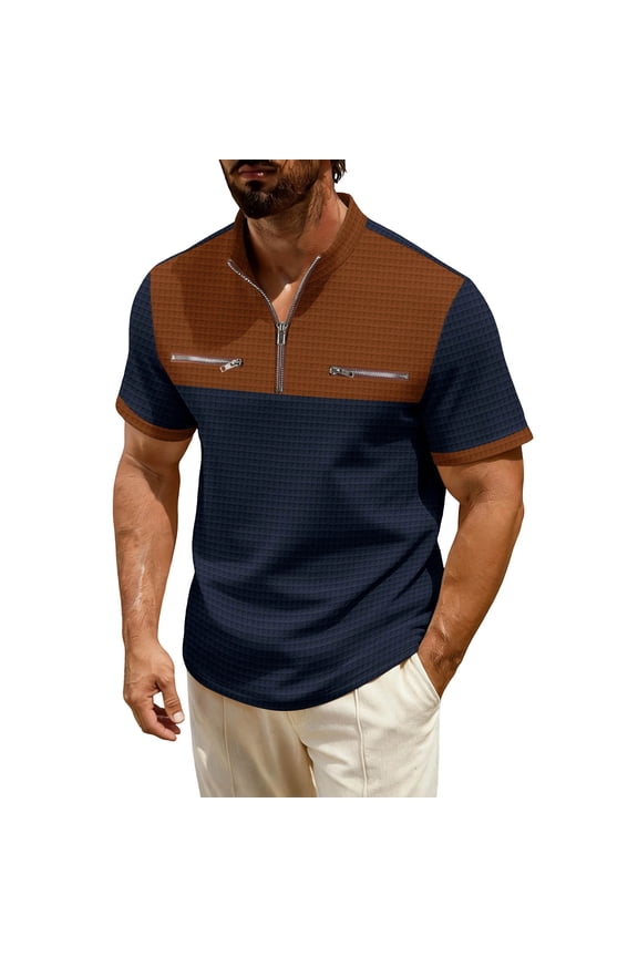 Mens Waffle Zip-Up Standing Collar Pullover Short Sleeve Shirt Summer Color Block Casual Outerwear Fathers Gift