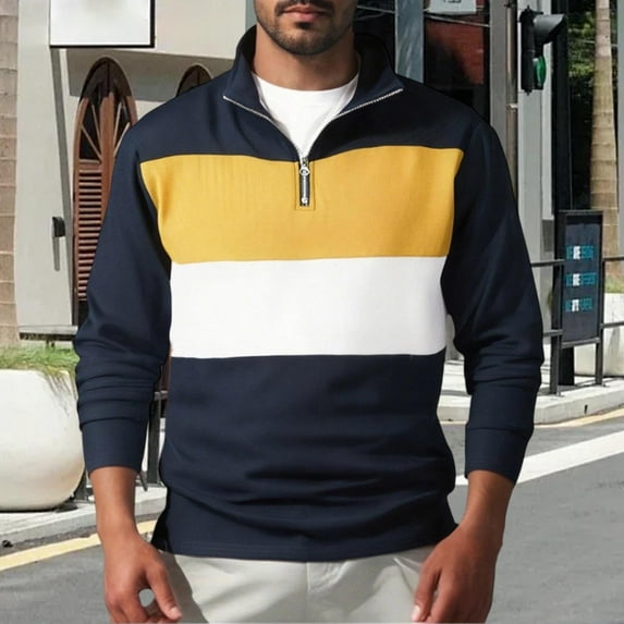 Mens Waffleknit Golf Shirts with Zipper Collared Long Sleeve Sweatshirts Casual Color Block Pullover Comfort Going Out Athletic Workout Tops