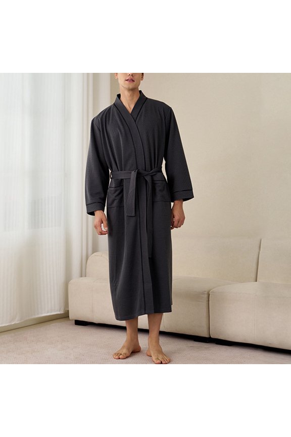 Mens Waffleknit Robes with Pockets and Belt Long Sleeve Bathrobes Casual Solid Color Pajamas Ankle Length Open Front Loungewear Homewear Bath Robe