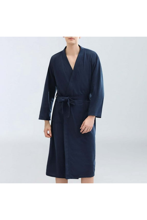 Mens Waffleknit Robes with Pockets and Belt Long Sleeve Quick-Drying Bathrobes Casual Solid Color Open Front Knee Length Loungewear Bath Robe Pajamas