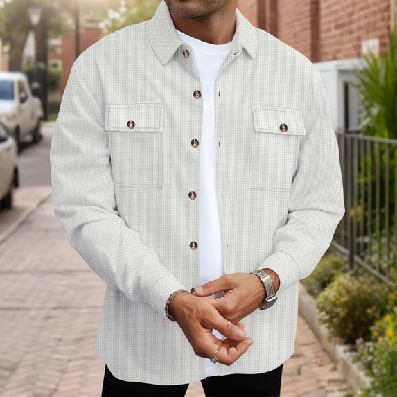 Mens Waffleknit Shirts with Pockets and Collar Button-Down Long Sleeve Shackets Shirt Casual Solid Color Lapel Going-Out Work Tshirts Tops