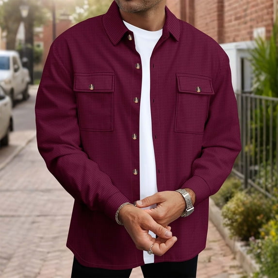 Mens Waffleknit Shirts with Pockets and Collar Button-Down Long Sleeve Shackets Shirt Casual Solid Color Lapel Going-Out Work Tshirts Tops