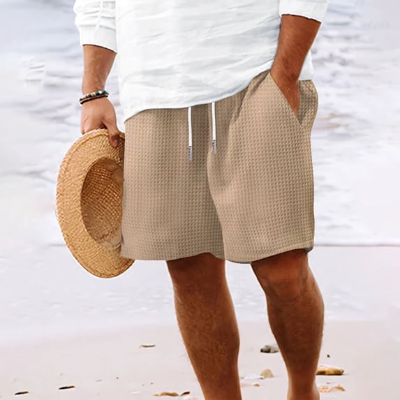 Mens Waffleknit Shorts Summer Casual Straight Wide Leg Drawstring Elastic Waisted Loose Beach Short with Pockets