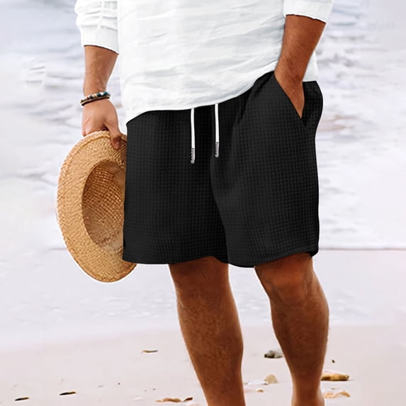Mens Waffleknit Shorts Summer Casual Straight Wide Leg Drawstring Elastic Waisted Loose Beach Short with Pockets