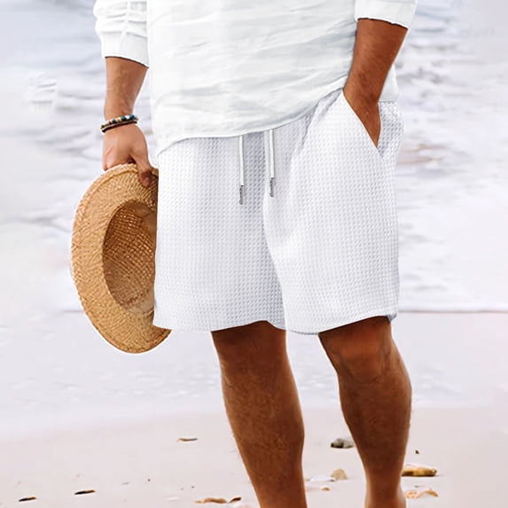 Mens Waffleknit Shorts Summer Casual Straight Wide Leg Drawstring Elastic Waisted Loose Beach Short with Pockets