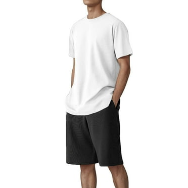 Mens Waffles Short Sets, 2 Piece Lightweight Knit Outfits Loungewear Set Short Sleeve Summer Casual Tracksuit Summer Two Piece Sets for Women White XXL