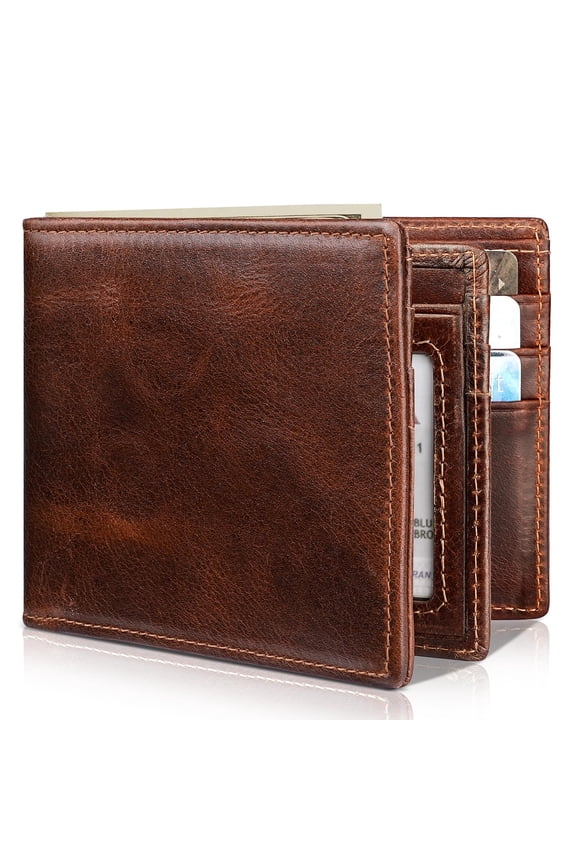 Mens Wallet Bifold Genuine Leather Rfid Blocking For Men With 1 Id Windows 13 Card Holders 2 Pockets 1 Gift Box