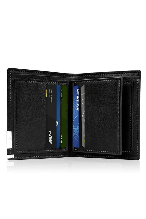 Mens Wallet, Bifold Genuine Leather Wallet for Men, RFID Blocking Wallet with 1 ID Window, 7 Card Holders & 2 Cash Slots, Slim Front Pocket Wallet, Black