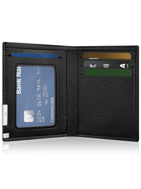 Mens Wallet, Bifold Genuine Leather Wallet for Men, RFID Blocking Wallet with 1 ID Window, 4 Card Holders & 2 Cash Slots, Slim Front Pocket Wallet, Black