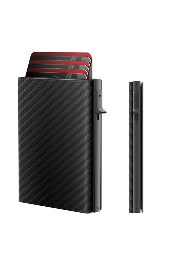 Mens Wallet Card Holder - Smart For Men Pop Up Case Top Grain Leather Rfid Blocking Slim Minimalist Ultra-thin Front Pocket 12 Capacity | Id Window Slot (carbon Fiber)