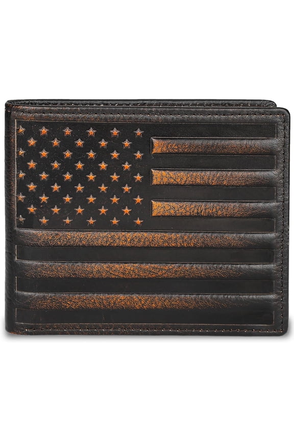 Mens Wallet Flag Bifold Wallet for Men RFID Blocking Full Grain Leather With Hand Burnished Extra Capacity Multiple Card Slots with 2 ID Windows