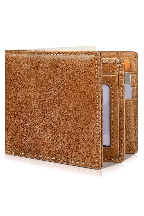 Mens Wallet Genuine Leather Bifold Rfid Blocking For Men With 1 Id Window 13 Card Holders 2 Pockets 1 Gift Box (light Brown)