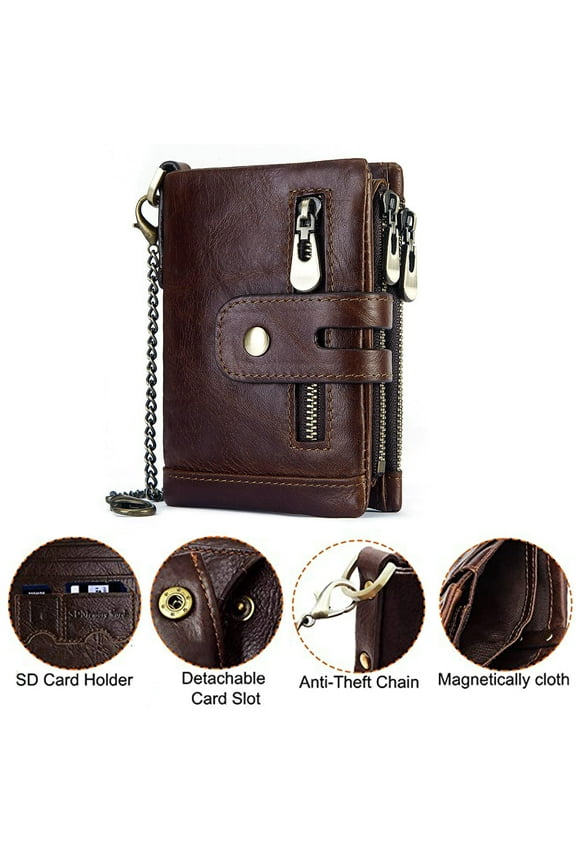Mens Wallet RFID Blocking Men's Genuine Leather Wallet and Zipper Coin Pocket Bifold Purse with Chain 16 Credit Card Holder Genuine Leather Gents Wallets Slim Purse