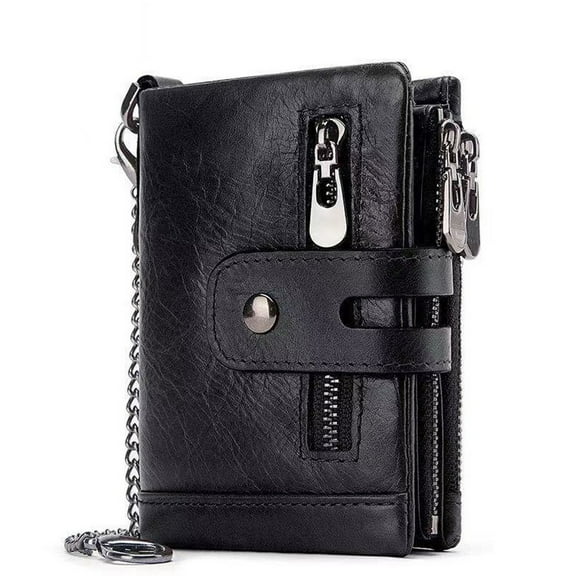 Mens Wallet RFID Blocking Men's Genuine Leather Wallet and Zipper Coin Pocket Bifold Purse with Chain,Black