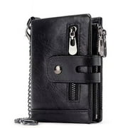 Mens Wallet RFID Blocking Mens Genuine Leather Wallet and Zipper Coin Pocket Bifold Purse with Chain,Black