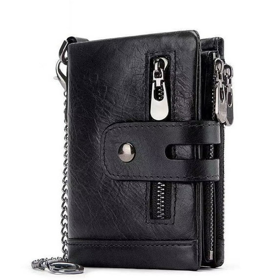 Mens Wallet RFID Blocking Men's Genuine Leather Wallet and Zipper Coin Pocket Bifold Purse with Chain,Black