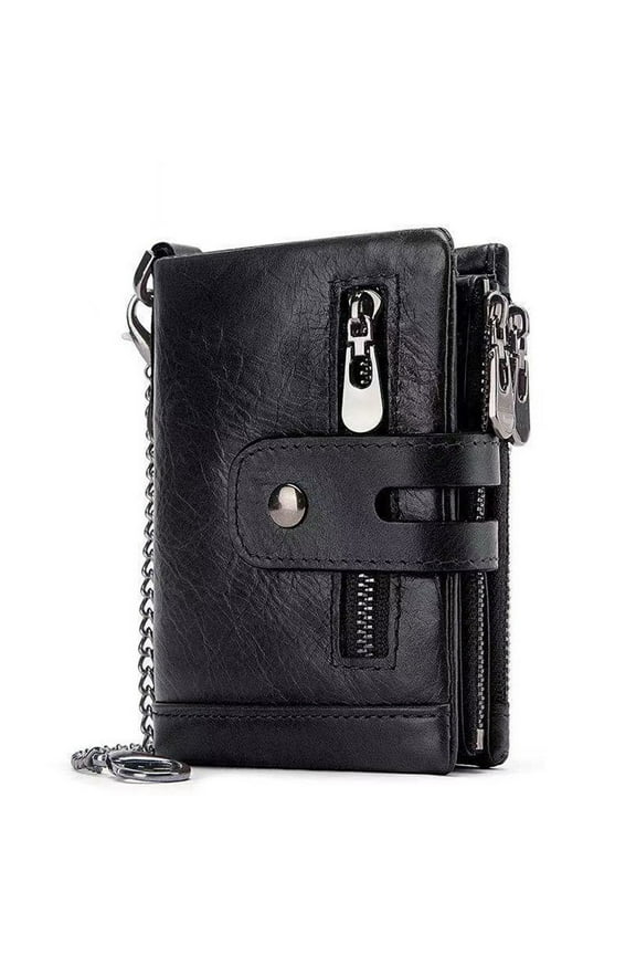 Mens Wallet RFID Blocking Men's Genuine Leather Wallet and Zipper Coin Pocket Bifold Purse with Chain,Black