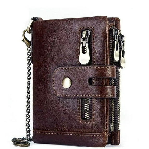 Mens Wallet RFID Blocking Men's Genuine Leather Wallet and Zipper Coin Pocket Bifold Purse with Chain,Chocolate