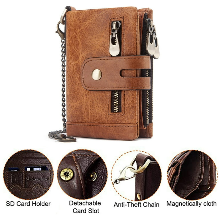 Laidan Mens Wallet RFID Blocking Men s Genuine Leather Wallet and Zipper Coin Pocket Bifold Purse with Chain 16 Credit Card Holder Genuine Leather