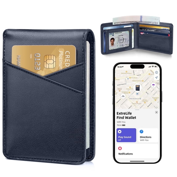 Extrelife Minimalist Wallets for Men, Works with Find My App, Slim Leather Bifold Wallet Credit Card Holder with Cash Pocket, ID Window, RFID Blocking, Gifts for Men