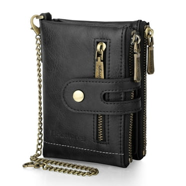 BLACK GENUINE LEATHER Trifold Biker's Wallet ID Card Holder w/ Chain ...