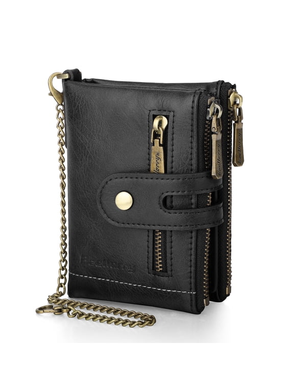 Mens Wallet with Anti-Theft Chain, TSV Genuine Leather Purse, Soft RFID Blocking Bifold Wallet, Black/Coffee