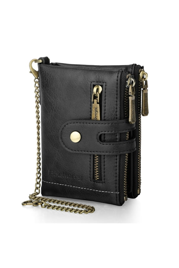 Mens Wallet with Anti-Theft Chain, TSV Genuine Leather Purse, Soft RFID Blocking Bifold Wallet, Black/Coffee