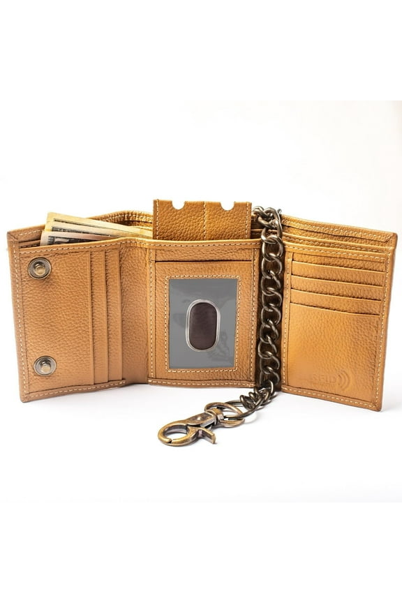 Mens Wallet with Chain Attached RFID Blocking Leather Wallet & Multi Card Slots Tan Color with Key Holder