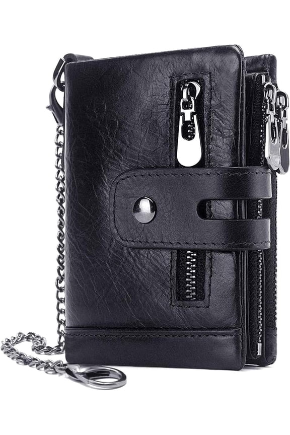 Mens Wallet with Chain RFID Blocking Bifold Purse for Men with ID Window and Zip Pocket | with Chain