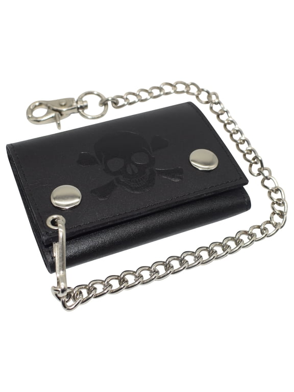 Mens Wallets Black Trifold RFID Protection Real Leather Skull Biker Chain For Men